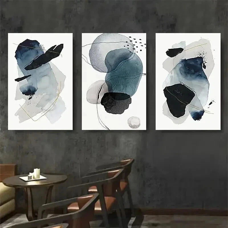 3pcs Blue & Black Shapes with Golden Accents Wall Art Set Canvas Framed 40x60cm - High Quality Print 100% Australian Made Wall Canvas Ready to Hang