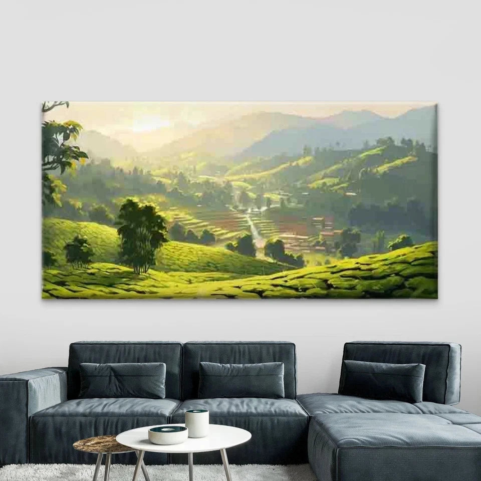 Green Hill & Mountain Valley Wall Art Canvas Office Home Room Framed 120x60cm