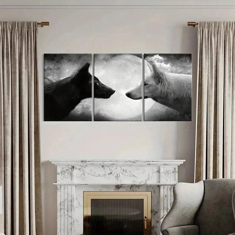 3pcs Black & White Two Wolves Under The Moon Wall Art Set Canvas Framed 40x60cm - High Quality Print 100% Australian Made Wall Canvas Ready to Hang