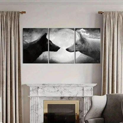 3pcs Black & White Two Wolves Under The Moon Wall Art Set Canvas Framed 40x60cm - High Quality Print 100% Australian Made Wall Canvas Ready to Hang