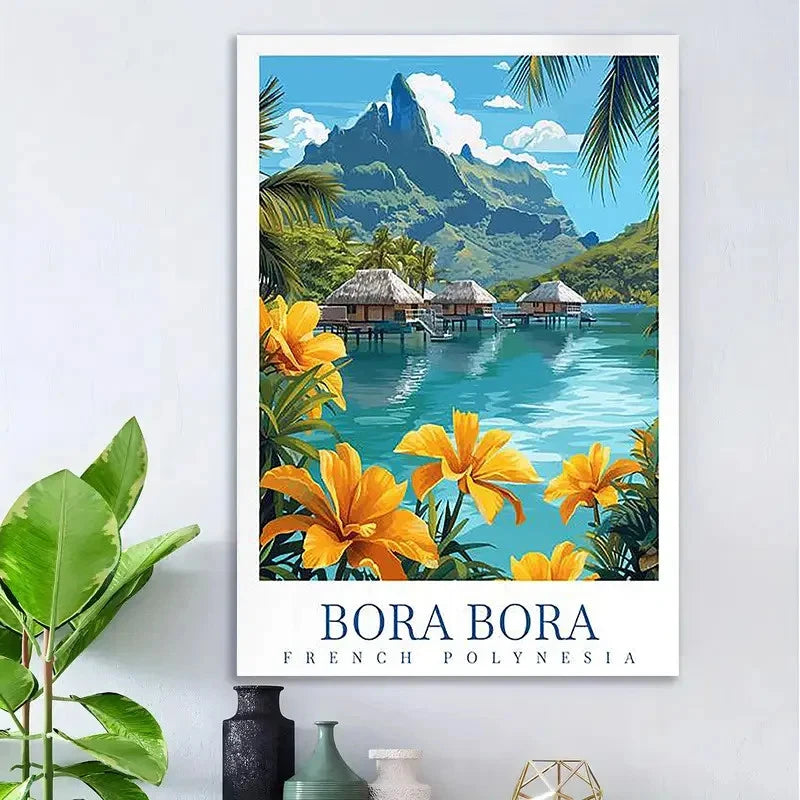 Bora Bora French Polynesia Vintage Turquoise Travel Poster Print Wall Art