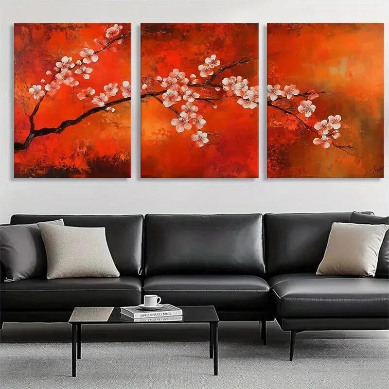 3pcs Red & Pink Flowering Cherry Tree Perfect Wall Art Set Canvas Framed 40x60cm - High Quality Print 100% Australian Made Wall Canvas Ready to Hang