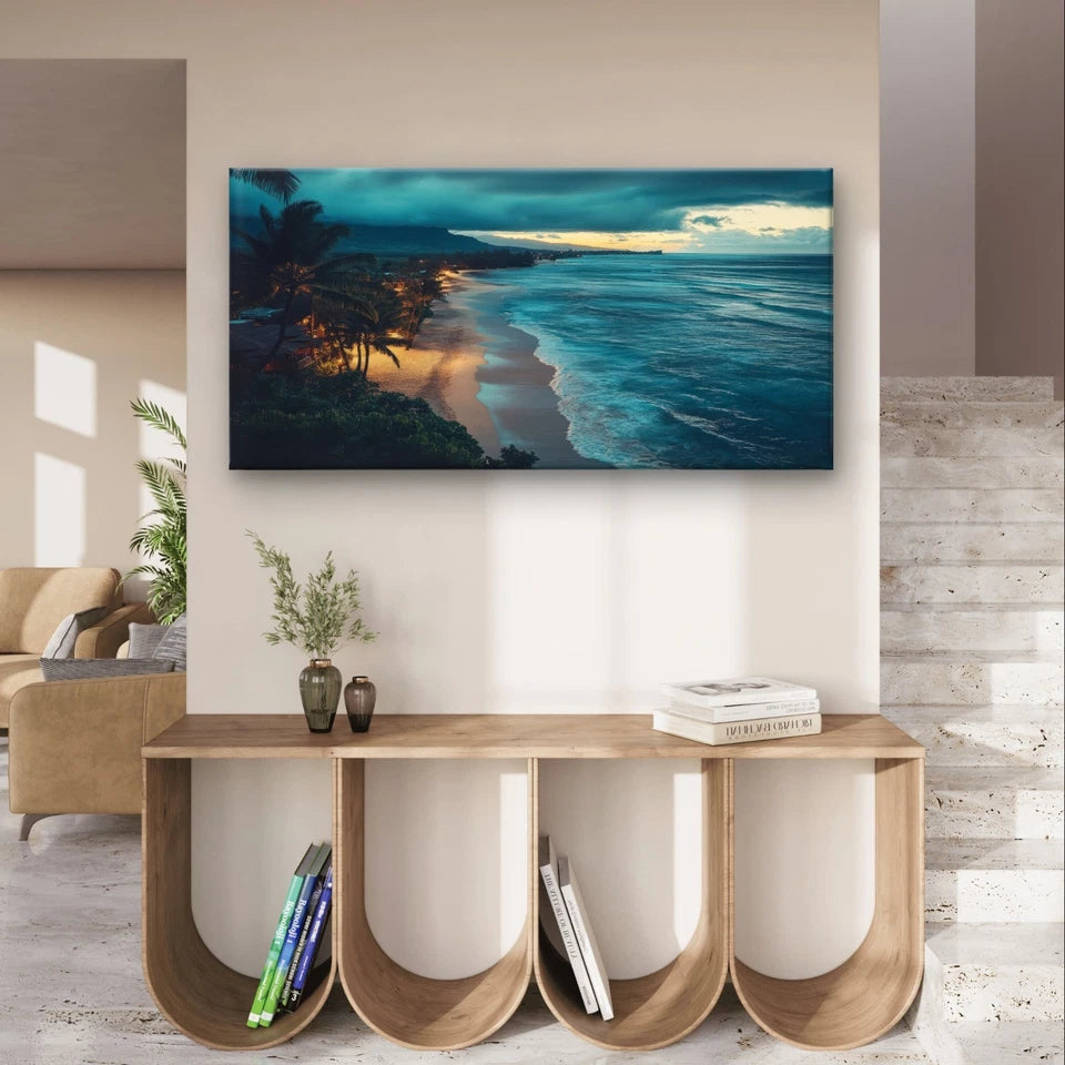 Night Tropical Beach Dusk and Ocean Wall Art Canvas Office Home Framed 120x60cm