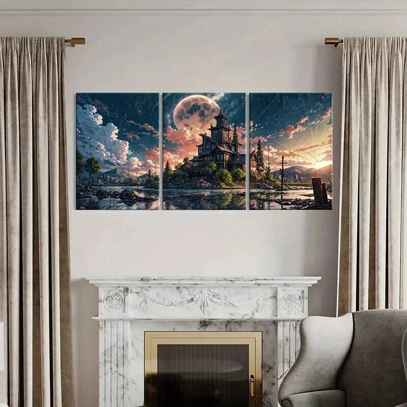 3pcs Japanese Style Temple Vintage  Wall Art Set Canvas Framed 40x60cm - High Quality Print 100% Australian Made Wall Canvas Ready to Hang