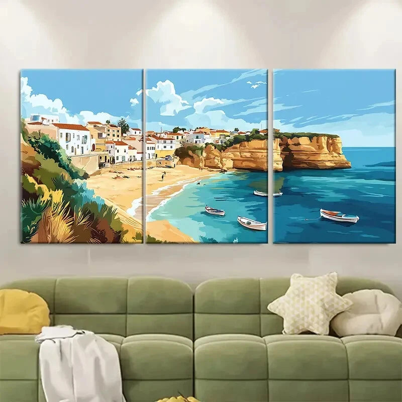 3pcs Portuguese Coastal Scene with White Houses Metal Print Ready to Hang Art