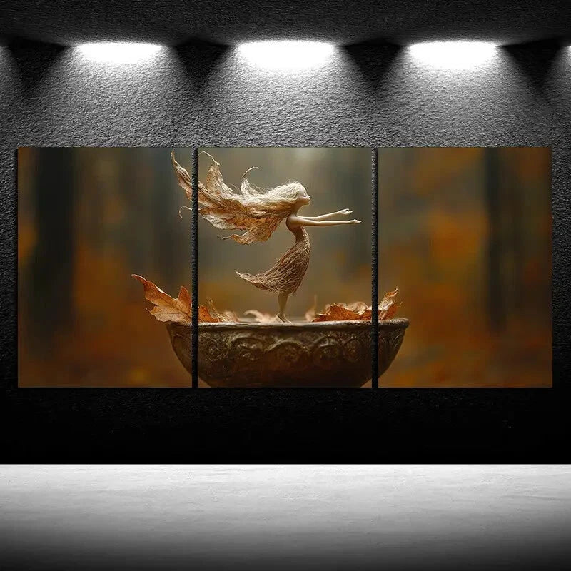 3pcs The Leaf Girl Dancing Golden Leaves Metal Print Ready to Hang Art