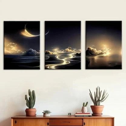 3pcs Featuring Golden Rivers And Starry Skies Wall Art Set Canvas Framed 40x60cm - High Quality Print 100% Australian Made Wall Canvas Ready to Hang