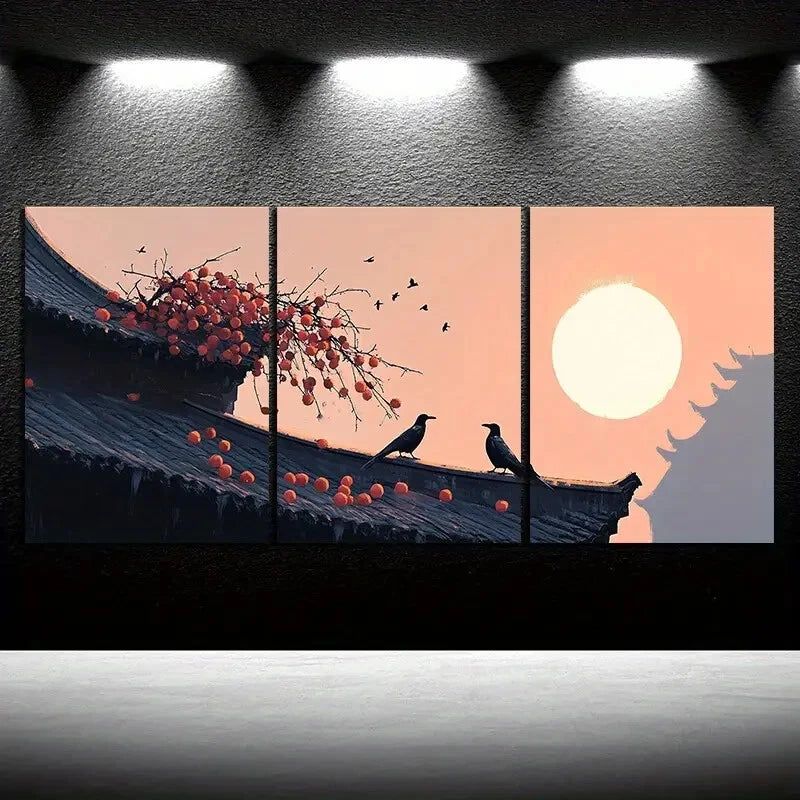 3pcs The Tree On The Eaves Full Moon Metal Print Ready to Hang Art