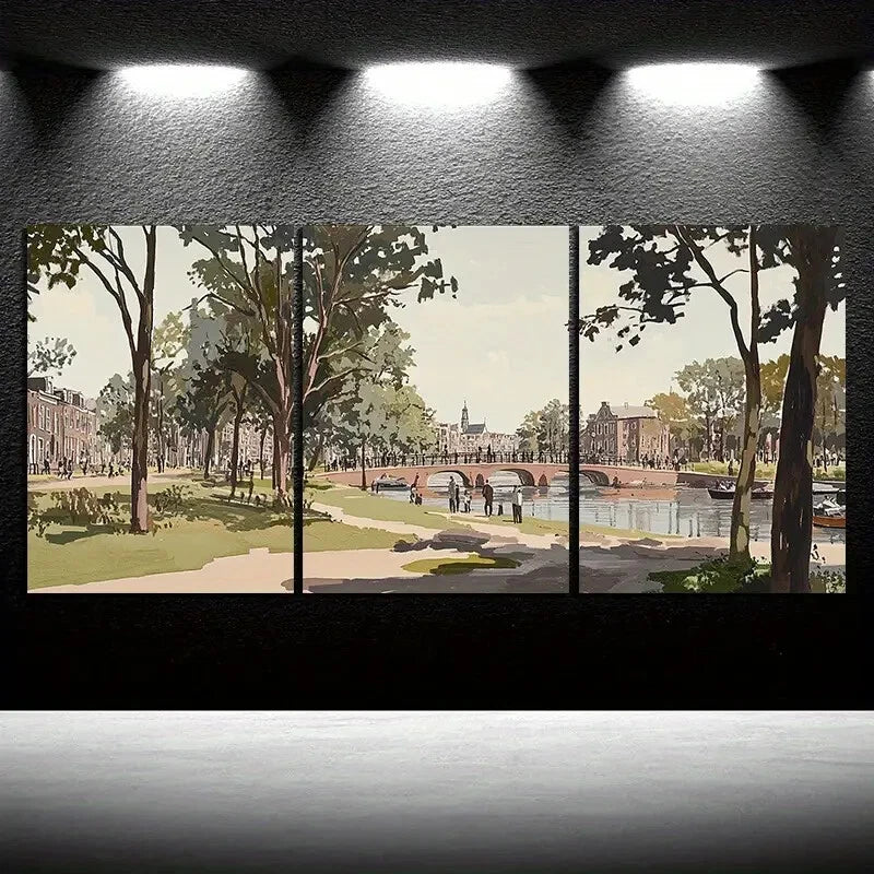 3pcs Bridges And Scenery on The Water Surface Metal Print Ready to Hang Art