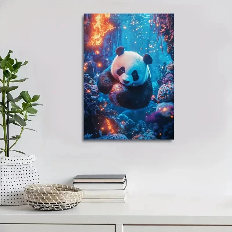Panda Playing with a Ball Underwater In a Coral Reef 40x60cm Metal Print Ready to Hang