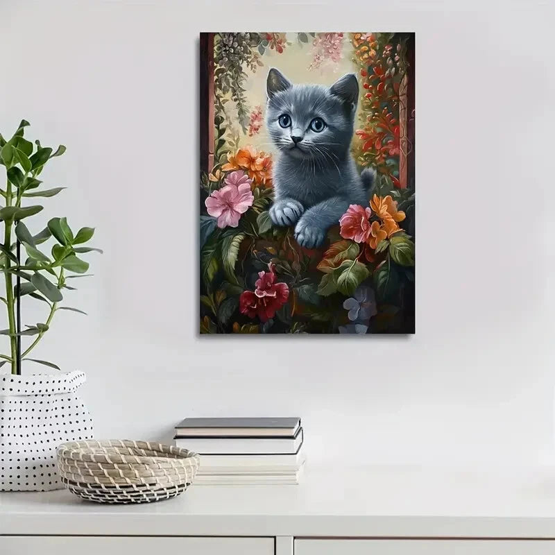 Cute Russian Blue Kitten with Vibrant Flowers  40x60cm Metal Print Ready to Hang
