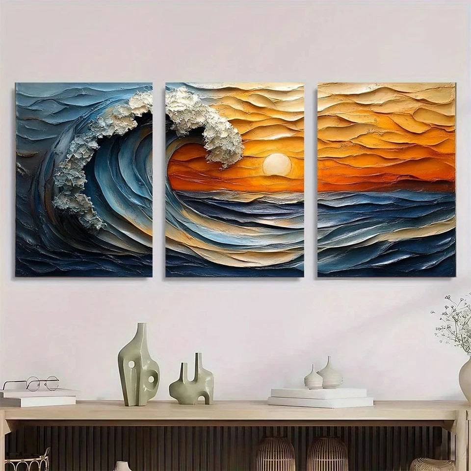 3pcs Modern Abstract Painting Blue & Gold Metal Print Ready to Hang Art