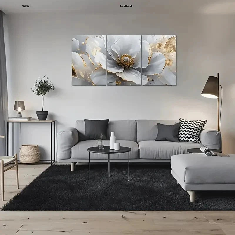 3pcs Abstract Floral Gray & Golden Metal Print Ready to Hang Art