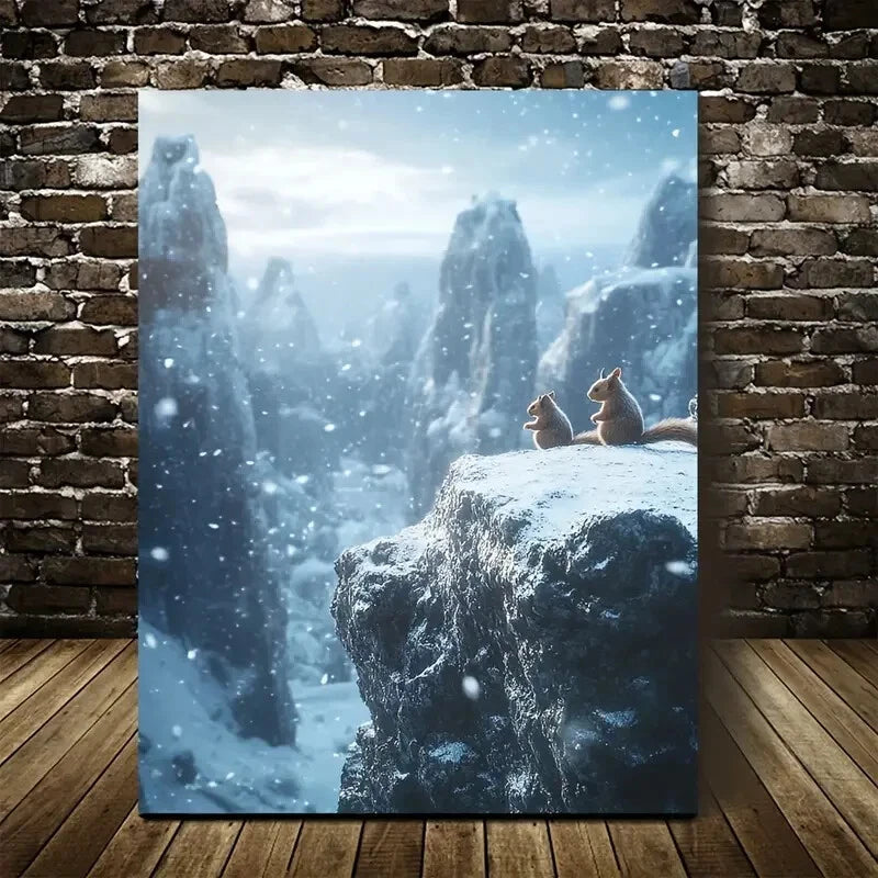 Enchanting Squirrel Duo on Snowy Mountain Painting 40x60cm Metal Print Ready to Hang