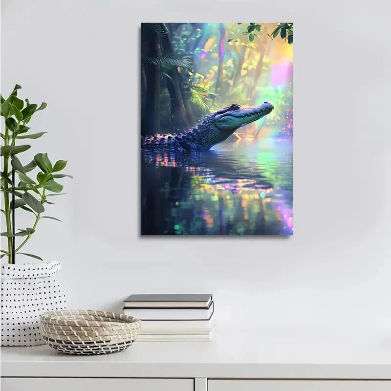 Crocodile in Water with Rainbow Reflections Painting 40x60cm Metal Print Ready to Hang