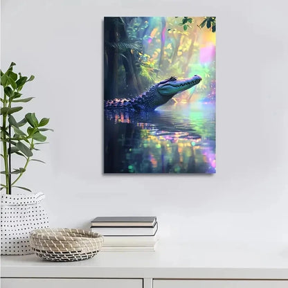 Crocodile in Water with Rainbow Reflections Painting 40x60cm Metal Print Ready to Hang