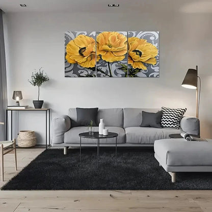 3pcs Golden Poppy Floral Gray and White Metal Print Ready to Hang Art