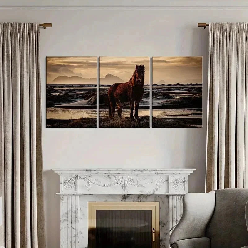 3pcs Brown Horse Near a River & Sunset Wall Art Set Canvas Framed 40x60cm - High Quality Print 100% Australian Made Wall Canvas Ready to Hang