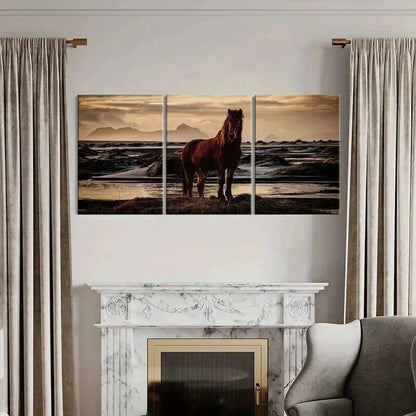 3pcs Brown Horse Near a River & Sunset Wall Art Set Canvas Framed 40x60cm - High Quality Print 100% Australian Made Wall Canvas Ready to Hang