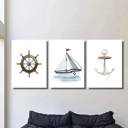 3pcs Painting of Rudder Sailboat and Anchor Wall Art Canvas Unframed – High Quality Print 100% Australian Made Wall Canvas