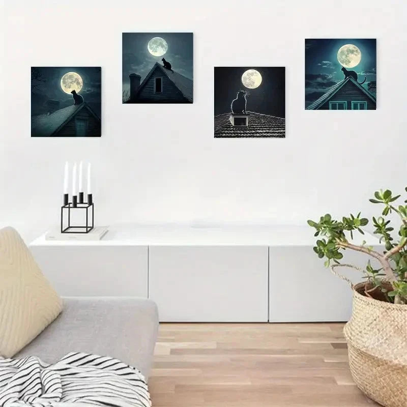 4pcs Romantic Night Scene With Moonlit Sky Wall Art Canvas Framed