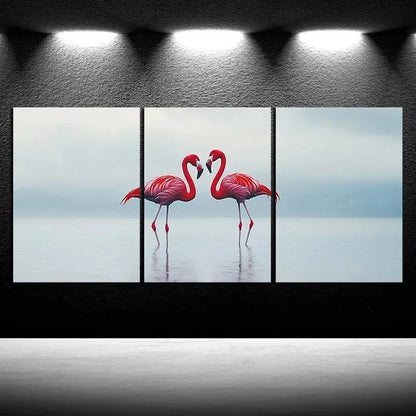 3pcs Pink Flamingos Painting Nature Metal Print Ready to Hang Art