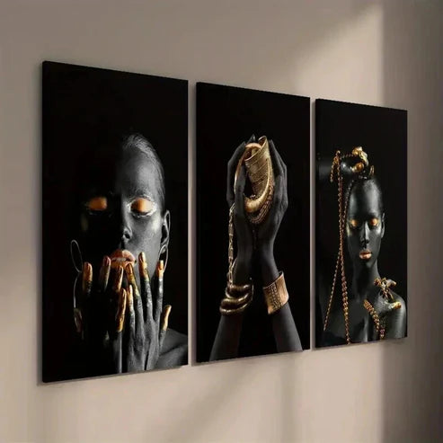 3pcs Black Woman Hands Wearing Golden Jewelry Wall Art Set Canvas Unframed - High Quality Print 100% Australian Made Wall Canvas