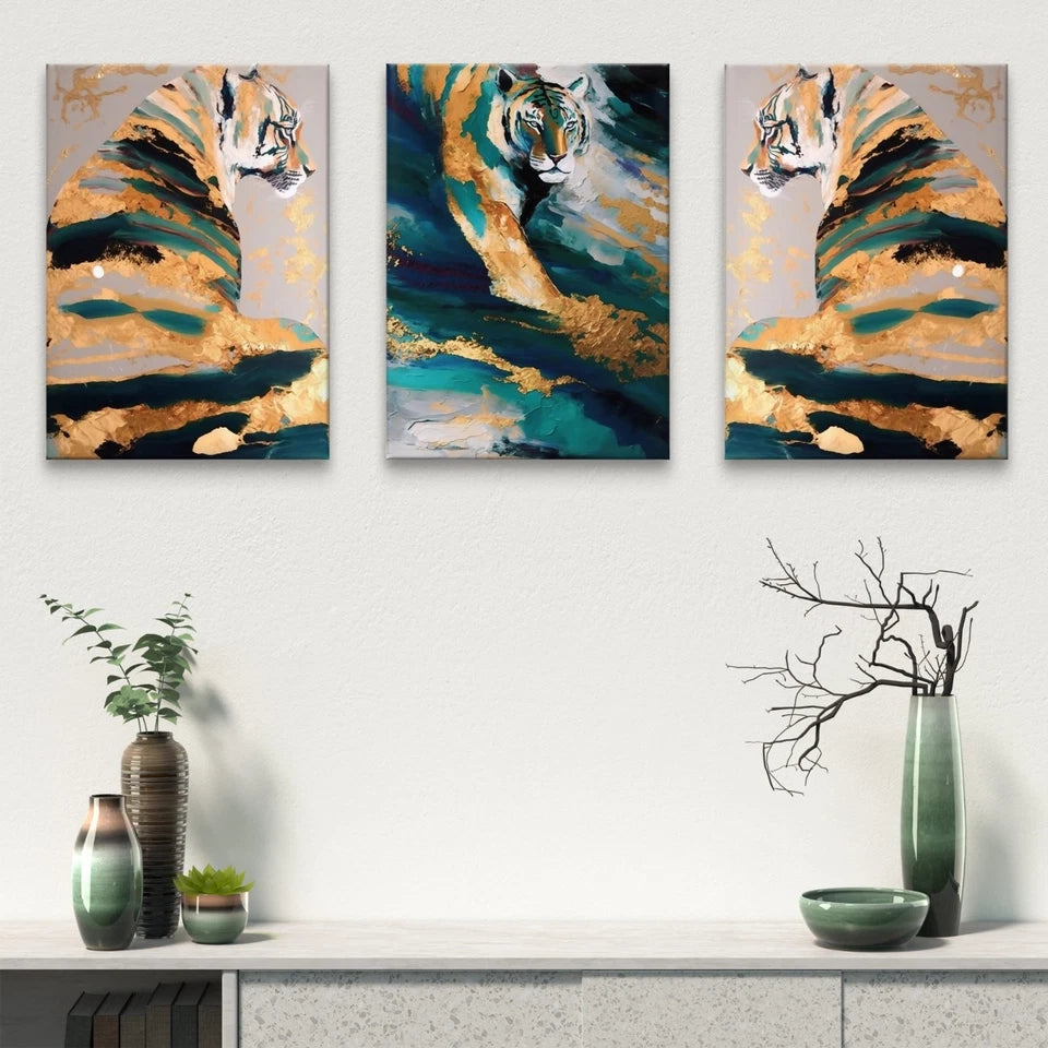 3pcs Modern Abstract Tiger and Gold Luxurious Wall Art Set Canvas Framed 50x70cm - High Quality Print 100% Australian Made Wall Canvas Ready to Hang