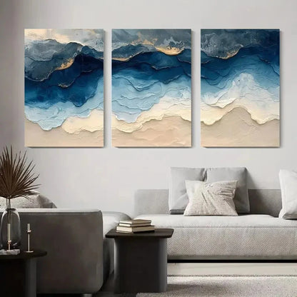 3pcs Textured Coastal Blue and Beige Seaside Metal Print Ready to Hang Art