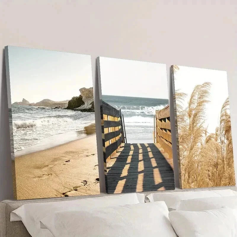 3pcs Beautiful Seaside Beach and Reeds Wall Art Set Canvas Framed 40x60cm - High Quality Print 100% Australian Made Wall Canvas Ready to Hang