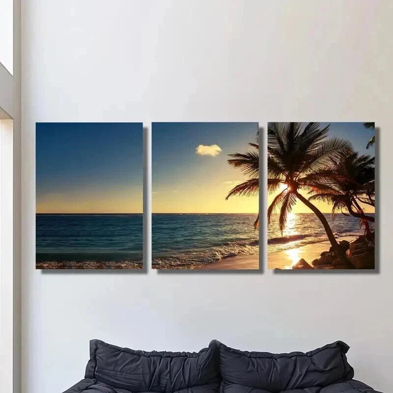 3pcs Sunset at Sea Coco Island Scenery Wall Art Set Canvas Framed 40x60cm - High Quality Print 100% Australian Made Wall Canvas Ready to Hang