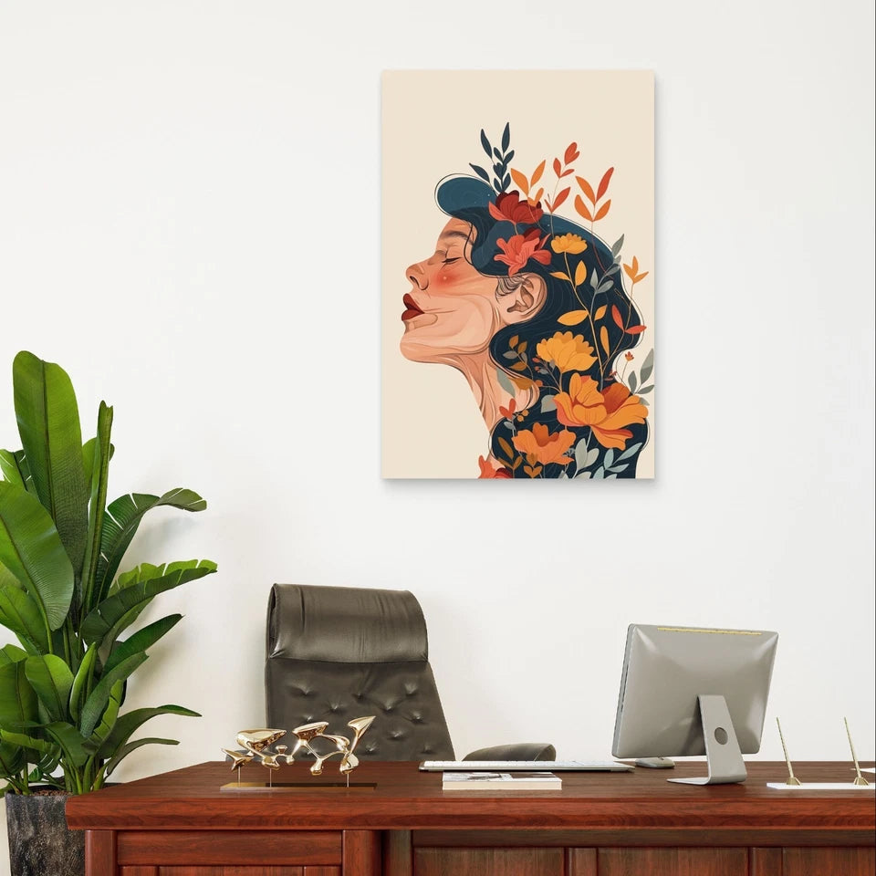 Woman with Floral Hair Line Art Portrait 40x60cm Metal Print Ready to Hang