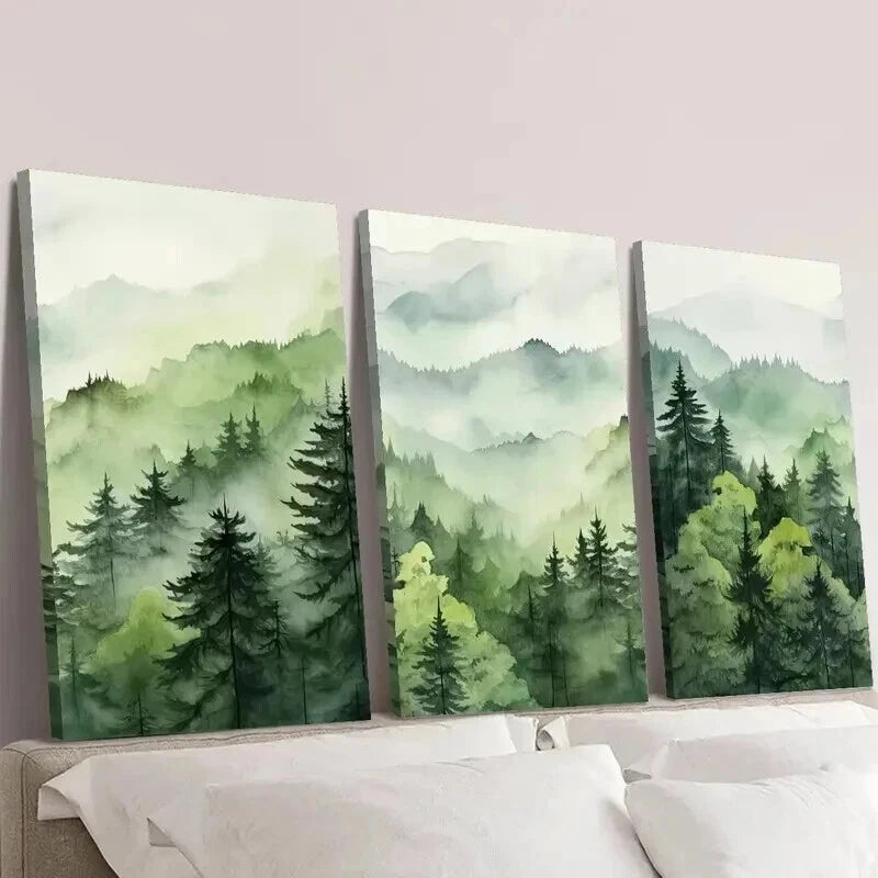 3pcs Misty Green Forest Natural Landscape Wall Art Set Canvas Framed 40x60cm - High Quality Print 100% Australian Made Wall Canvas Ready to Hang