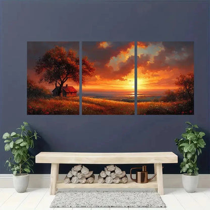 3pcs Rustic Sunset Featuring Cabin & Hilltops  Wall Art Set Canvas Framed 40x60cm - High Quality Print 100% Australian Made Wall Canvas Ready to Hang
