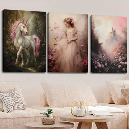 3pcs Enchanted Forest Unicorn & Fairy Perfect Wall Art Set Canvas Framed 40x60cm - High Quality Print 100% Australian Made Wall Canvas Ready to Hang