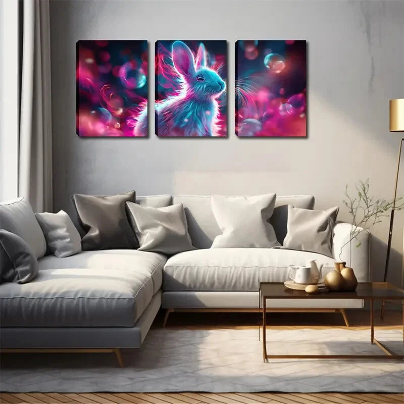 3pcs Pink Rabbit Glowing Neon Accent Perfect Wall Art Set Canvas Framed 40x60cm - High Quality Print 100% Australian Made Wall Canvas Ready to Hang