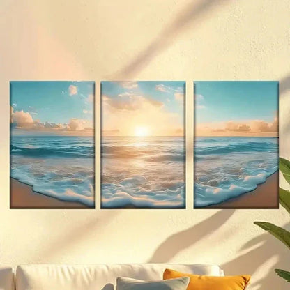 3pcs Beach with Waves and a Boat Wall Art Canvas Unframed – High Quality Print 100% Australian Made Wall Canvas