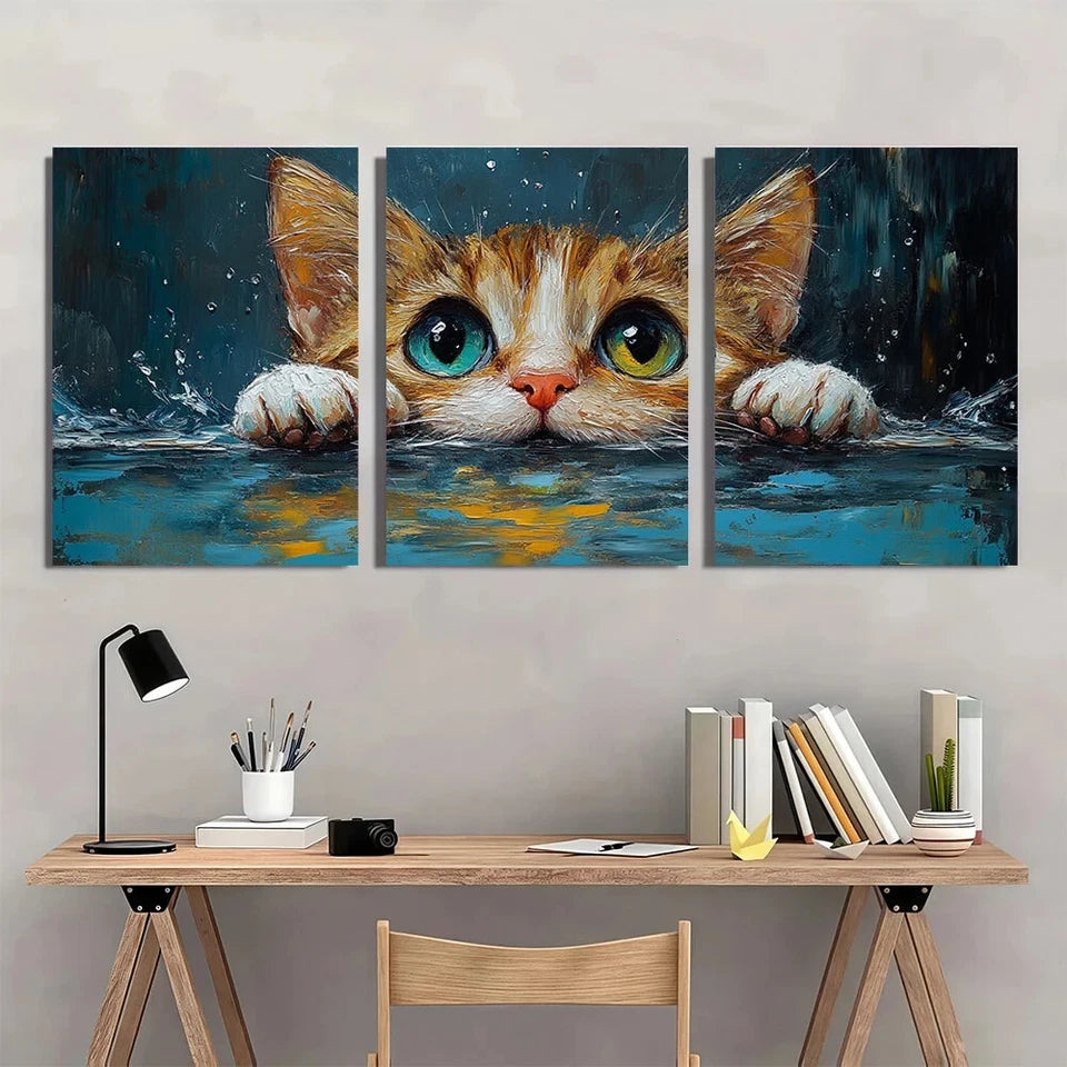3pcs Whimsical Cat Vibrant Orange Metal Print Ready to Hang Art