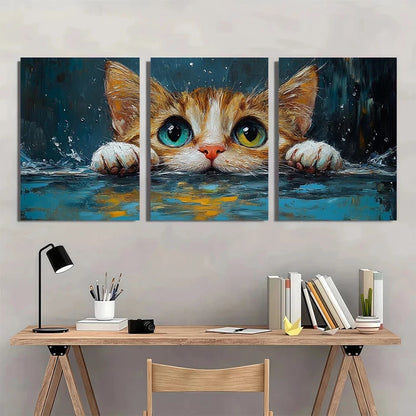 3pcs Whimsical Cat Vibrant Orange Metal Print Ready to Hang Art