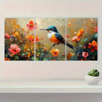 3pcs Vibrant Hummingbird & Floral Metal Print Ready to Hang Art
