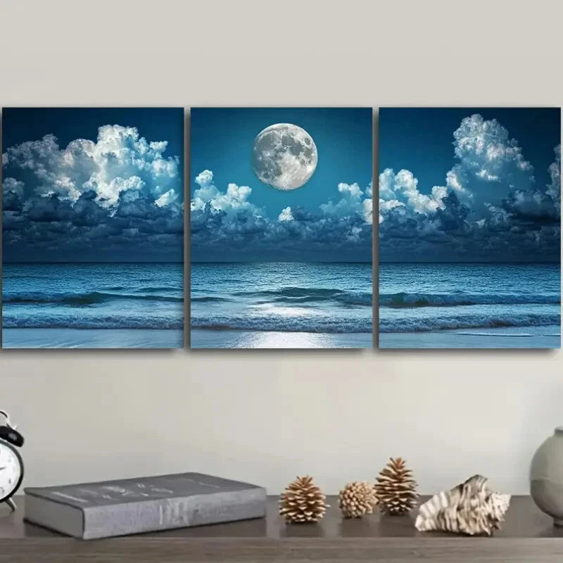 3pcs Beach Waves Themed Full Moon Metal Print Ready to Hang Art