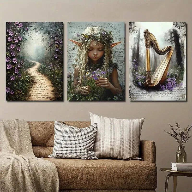 3pcs Vintage Botanical Flower and Floral Girl Wall Art Set Canvas Framed 40x60cm - High Quality Print 100% Australian Made Wall Canvas Ready to Hang