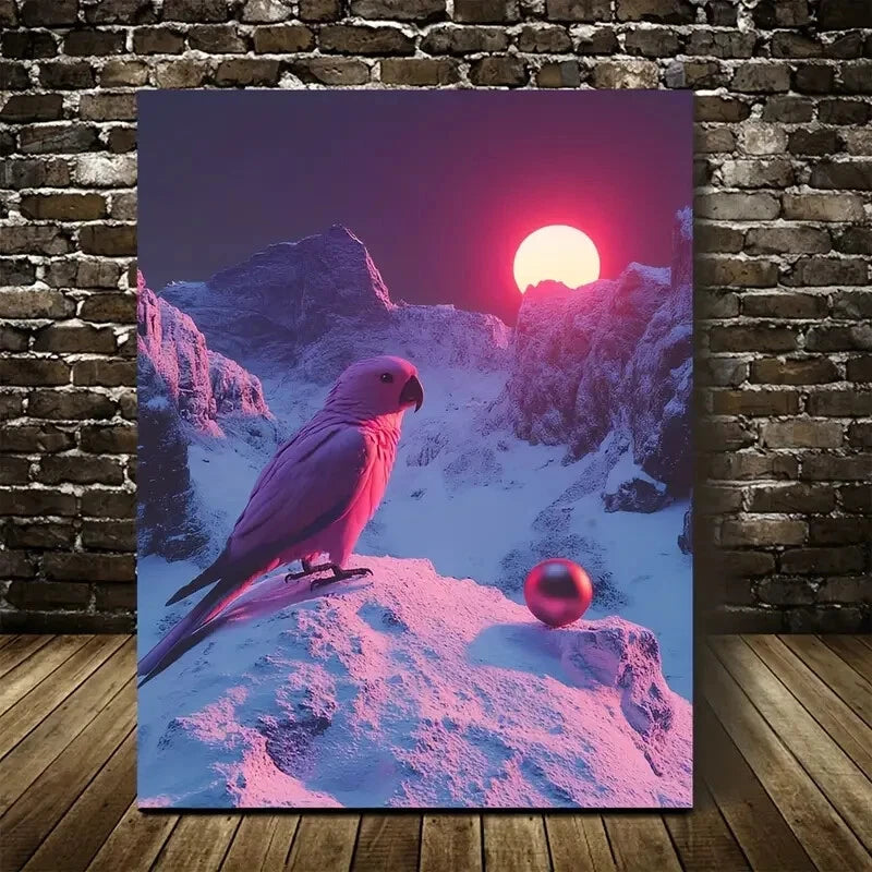 Realistic Parrot & Snowy Mountain Scene Painting 40x60cm Metal Print Ready to Hang