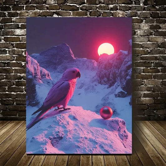Realistic Parrot & Snowy Mountain Scene Painting 40x60cm Metal Print Ready to Hang