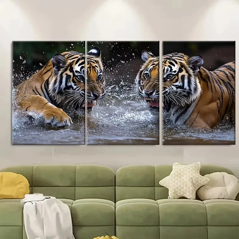 3pcs Two Tigers Play Fighting in Water Wall Art Set Canvas Framed 40x60cm - High Quality Print 100% Australian Made Wall Canvas Ready to Hang