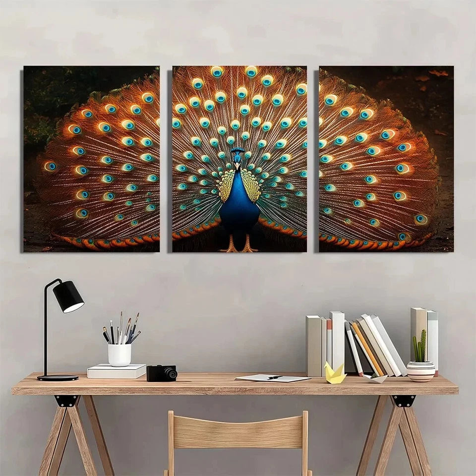 3pcs Peacock Flaunting Tail White Metal Print Ready to Hang Art