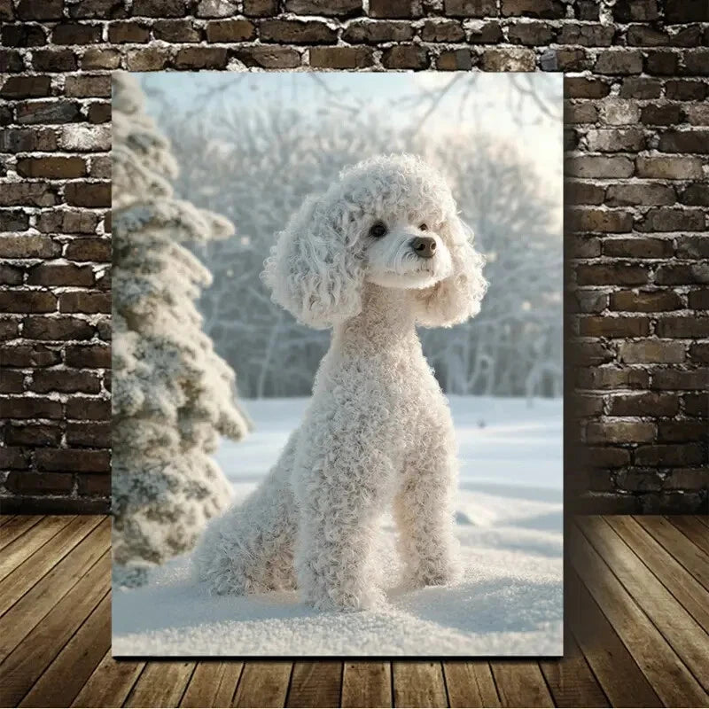 Beautiful White Poodle On The Snow Painting 40x60cm Metal Print Ready to Hang