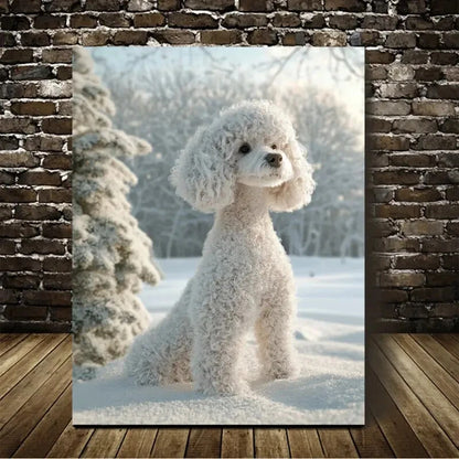 Beautiful White Poodle On The Snow Painting 40x60cm Metal Print Ready to Hang
