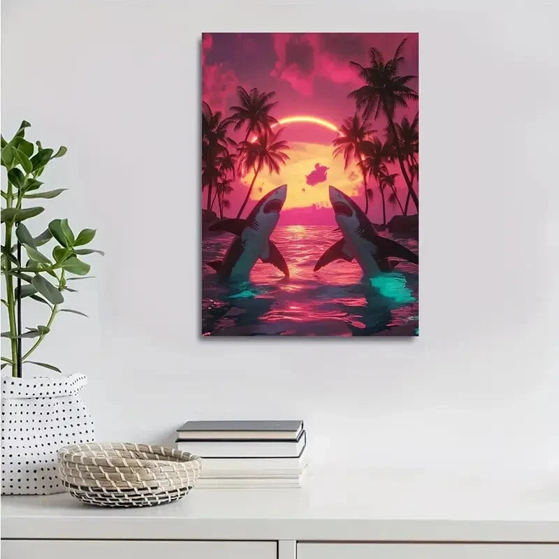 Vibrant Shark Sunset Scene Neon Glow Painting 40x60cm Metal Print Ready to Hang