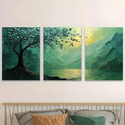 3pcs Abstract Green Tree By The Mountain Lake Wall Art Set Canvas Framed 50x70cm - High Quality Print 100% Australian Made Wall Canvas Ready to Hang